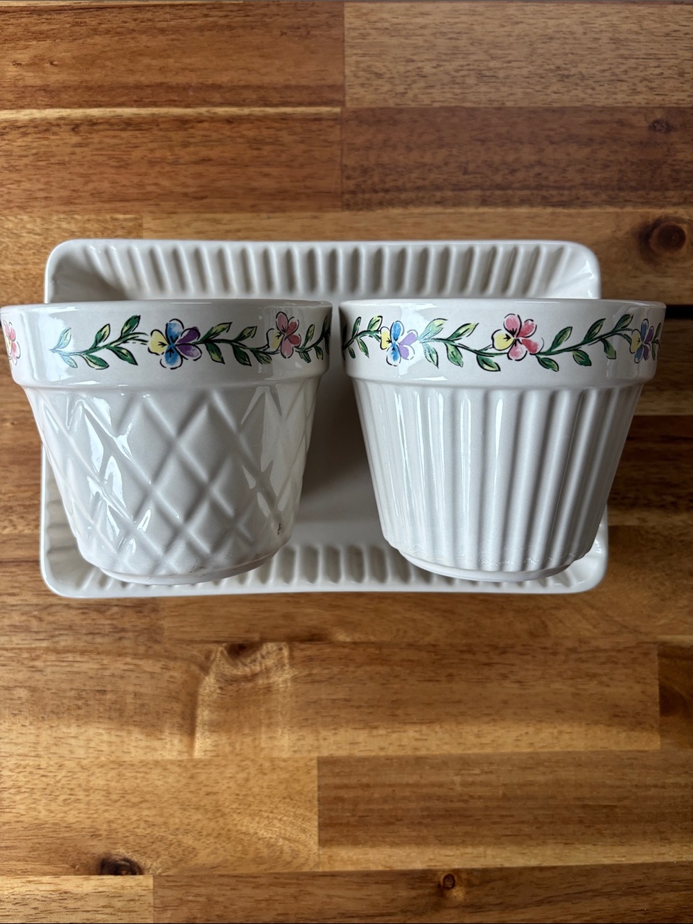 Longaberger Pottery Plant Pots with Floral Accents and Tray